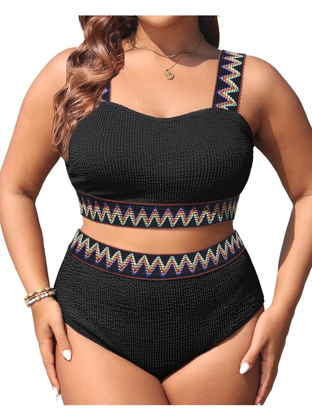 Daci Plus Size Black Textured High-Waist Bikini with Multicolor Chevron Trim 18W